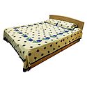 Blue Dot and Floral Print on Light Yellow Cotton Double Bedspread with 2 Pillow Covers