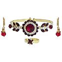 Maroon and White Stone Studded Cuff Bracelet with Earrings and Adjustable Ring