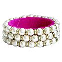 White Stone Studded and Faux Pearl Bead Bracelet with Magenta Cloth Lining