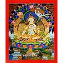 White Tara with Umbrella - Unframed Thangka Poster - Reprint on Paper
