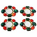 Set of Four Floating Wax Candles in Metal Container Decorated with Red and Green Glass Stones