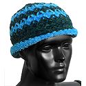 Ladies Hand Knitted Dark Green with Cyan Blue Stripe Beanie Woolen Hat