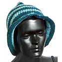 Hand Crocheted Light Cyan Blue with Dark Blue Stripe Ladies Woolen Hat