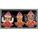 Appliqued Jagannthdev, Balaram and Subhadra on Black Velvet Cloth - (Wall Hanging)