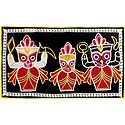 Appliqued Jagannathdev, Balaram and Subhadra on Black Velvet Cloth - (Wall Hanging)