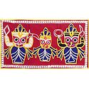 Appliqued Jagannthdev, Balaram and Subhadra on Red Velvet Cloth - (Wall Hanging)