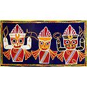 Appliqued Jagannthdev, Balaram and Subhadra on Blue Velvet Cloth - (Wall Hanging)