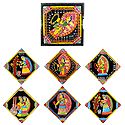 Set of 6 Square Table Coasters and Holder with Tikuli Painting