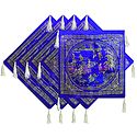 Set of 5 Dark Blue Satin Silk Cushion Covers Depicting Life in Traditional China
