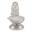 White Metal Oil Lamp with Ganesha