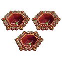 Set of 3 Hand Painted Maroon Hexagonal Diya