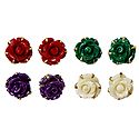 Set of 4 Pairs Red, Green, Purple and Ivory Color Rose Earrings