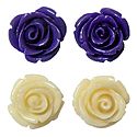 Set of 2 Pairs Purple and Ivory Color Acrylic Rose Earrings