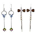 Set of 2 Pairs Blue and Brown Stone Studded Dangle Metal Earrings