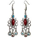 Metal Dangle Earrings with Blue and Red Stone