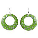 Green with Silver Cloth Wrapped Metal Hoop Earrings