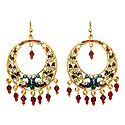 Red with Dark Blue Meenakari Peacock Metal Hoop Earrings