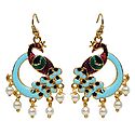Light Cyan with Red and Green Meenakari Peacock Metal Earrings