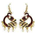 Dark Red with White and Geen Meenakari Peacock Metal Earrings