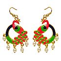 Light Green with Saffron and Black Meenakari Peacock Metal Earrings