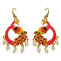 Dark Saffron with Green and Yellow Meenakari Peacock Metal Earrings