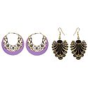 Set of 2 Pairs Black Acrylic Leaf Earrings and Mauve Hoop Earrings