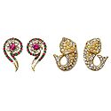 Set of 2 Pairs White, Green and Magenta Stone Studded Question Mark and Fish Stud Earrings
