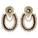 White and Maroon Stone Studded Earrings with White Beads