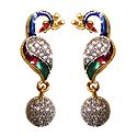 White Stone Studded Lacquered Metal Peacock Earrings
