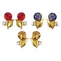 Set of 3 Pairs of Red, Light Brown and Purple Stone Studed Earrings