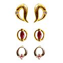 3 Pairs of White,Magenta and Pink Stone Studed Metal Earrings