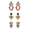 3 Pairs of White, Black and Pink Stone Studded Metal Stud Earrings