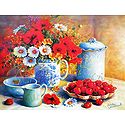 Bunch of Red Poppy and White Daisy Flowers with a Plate of Cherries