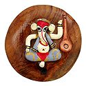 Stone Dust Musician Ganesha on Wooden Base - Magnet