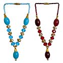 Set of 2 Cyan Blue and Red Beaded Small Garlands for Deity
