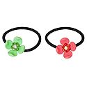 Set of 2 Green and Peach Acrylic Flowers on Elastic Hair Band for Ponytail Holder