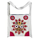 Appliqued Face of Jagannathdev on Off-White Cotton Shoulder Bag with Two Zipped Pocket