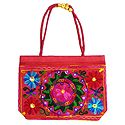 Kashmiri Embroidery on Red Cotton Bag with Two Zipped Pocket