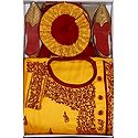 Bengal Ethnic Dress - Embroidered Cotton Yellow Kurta, Red Art Silk Dhoti with Shoes