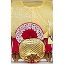 Bengal Ethnic Dress - Embroidered Cotton Light Yellow Kurta, Red Art Silk Dhoti with Pagri and Shoes