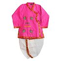 Peacock Feather Embroidery on Pink Kurta with White Pyjama Dhoti