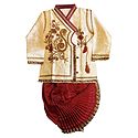 Light Beige Art Silk Kurta and Ready to Wear Maroon Dhoti for Baby Boy 