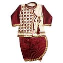 Embroidered Light Beige Art Silk Kurta and Ready to Wear Maroon Dhoti for Baby Boy 