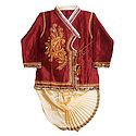 Embroidered Dark Red Art Silk Kurta and Ready to Wear Light Beige Dhoti for Baby Boy 