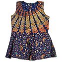 Multicolor Flower and Fan Print on Dark Blue Cotton Frock