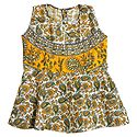 Green and Yellow Flower Print on White Cotton Frock