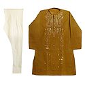 Yellow Embroidered Kurta with Cream Color Churidar