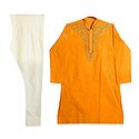 Embroidered Yellow Cotton Kurta and Cream Color Churidar