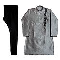 Embroidered Raw Silk Grey Kurta and Black Cotton Churidar for Men
