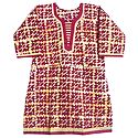 White and Yellow Printed Batik on Dark Red Kurta with Three Quarter Sleeves